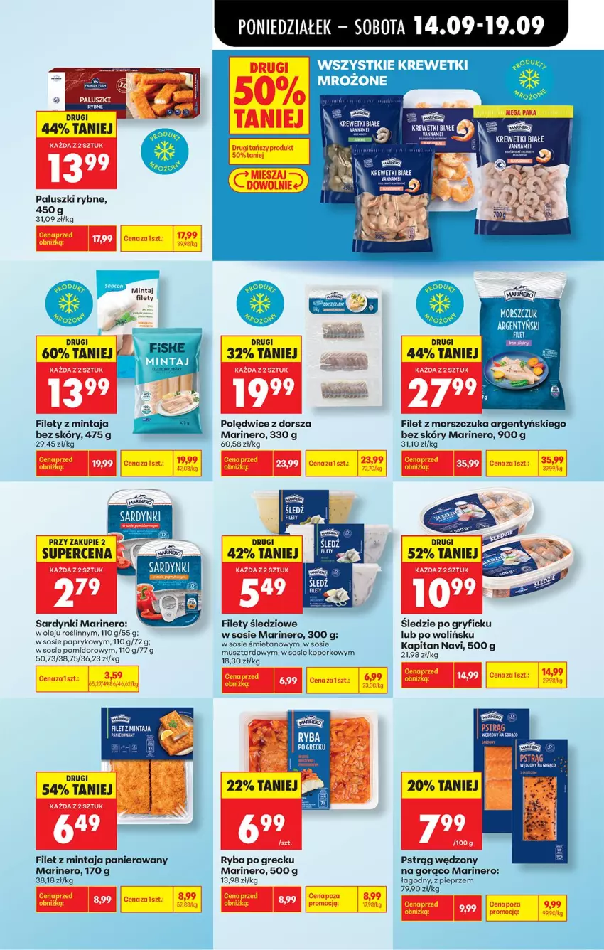 Gazetka promocyjna Biedronka - Od Poniedziałku - ważna 14.09 do 19.09.2026 - strona 43 - produkty: Dorsz, Filet z mintaja, Filet z morszczuka, Gry, Krewetki, Mintaj, Mus, Olej, Paluszki rybne, Pieprz, Pstrąg, Pstrąg wędzony, Ryba, Ryba po grecku, Sardynki, Sos