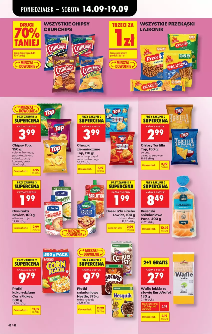 Gazetka promocyjna Biedronka - Od Poniedziałku - ważna 14.09 do 19.09.2026 - strona 70 - produkty: Bułeczki, Chipsy, Chrupki, Corn flakes, Crunchips, Danio, Deser, Gra, Lajkonik, Owsianka, Papryka, Ser, Top, Tortilla, Wafle