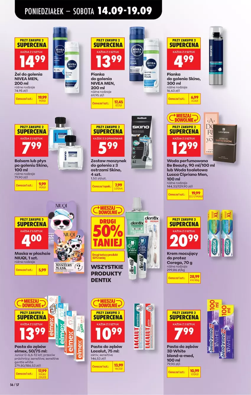 Gazetka promocyjna Biedronka - Od Poniedziałku - ważna 14.09 do 19.09.2026 - strona 84 - produkty: Be Be, Blend-a-Med, Corega, Elmex, Lacalut, Maska, Maska w płachcie, Mus, Niuqi, Nivea, Nivea Men, Pasta do zębów, Perfum, Pianka do golenia, Woda, Woda perfumowana, Woda toaletowa