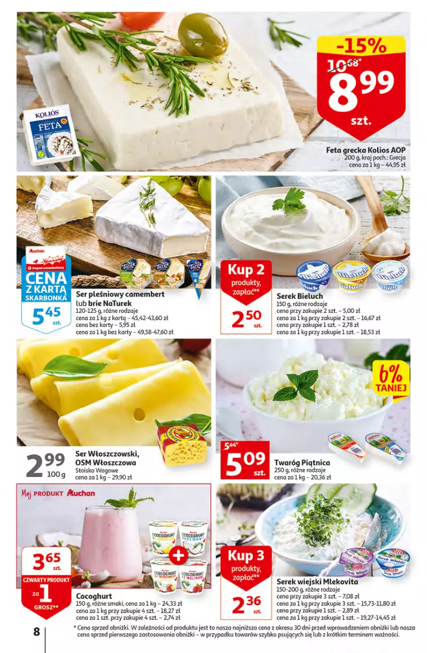 Gazetka promocyjna Auchan - Gazetka Rewelacje na Dzień Kobiet Hipermarket Auchan - ważna 02.03 do 08.03.2023 - strona 8 - produkty: Bieluch, Brie, Feta, Mleko, Mlekovita, NaTurek, O nas, Piątnica, Por, Ser, Serek, Serek wiejski, Twaróg, Włoszczowski