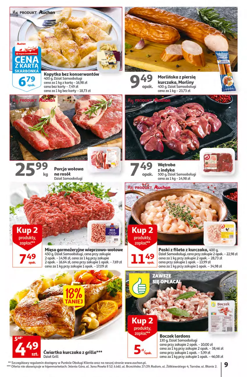 Gazetka promocyjna Auchan - Gazetka Rewelacje na Dzień Kobiet Hipermarket Auchan - ważna 02.03 do 08.03.2023 - strona 9 - produkty: Boczek, Grill, Kopytka, Kurczak, Mięso, Mięso garmażeryjne, Morliny, Por, Rosół, Ser