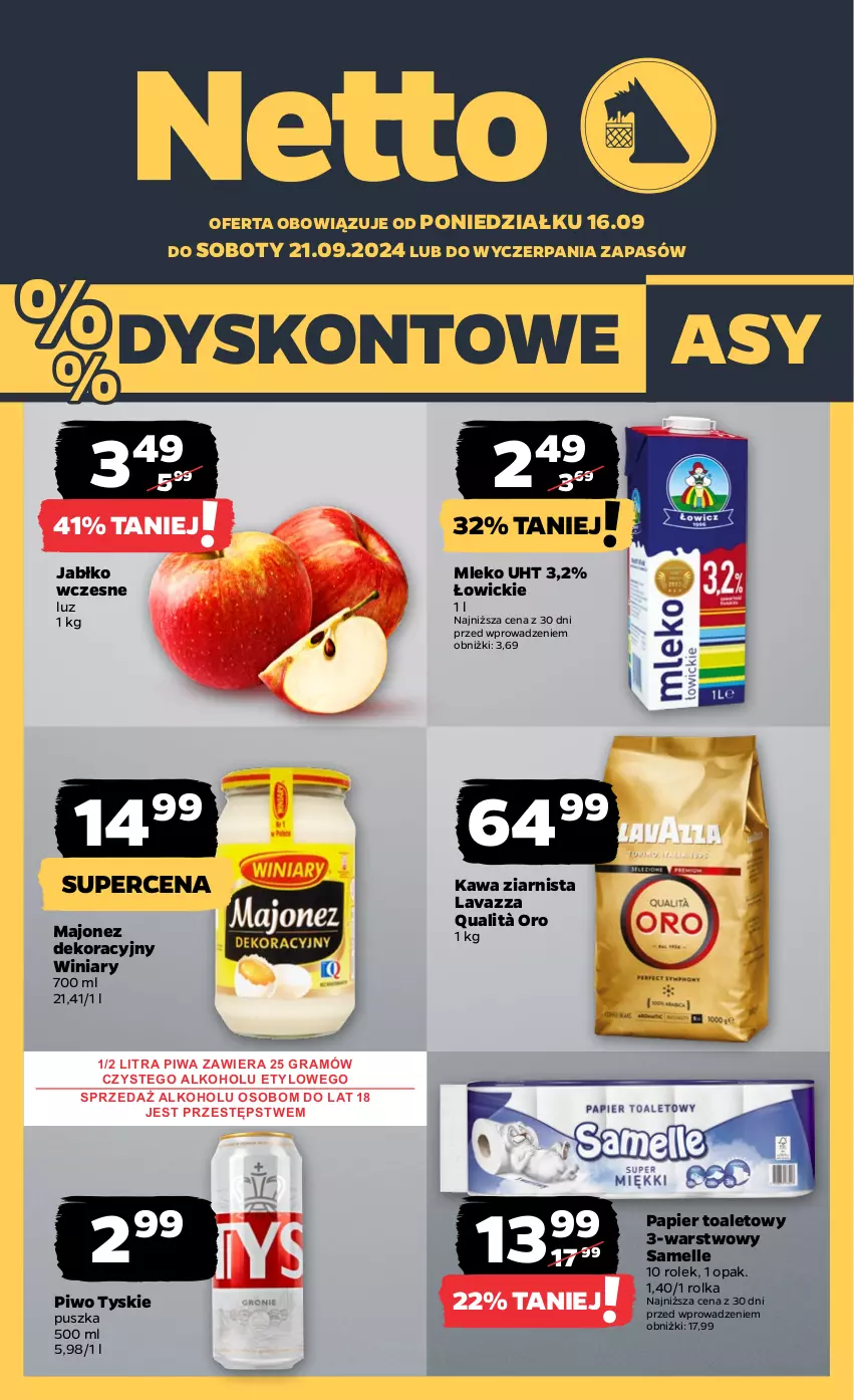 Gazetka promocyjna Netto - Netto Gazetka Food 38/24A - ważna 16.09 do 21.09.2024 - strona 1 - produkty: Gra, Kawa, Kawa ziarnista, Lavazza, Majonez, Mleko, Papier, Papier toaletowy, Piwa, Piwo, Tyskie, Winiary