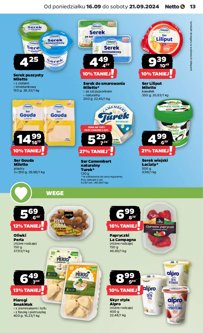 Gazetka promocyjna Netto - Netto Gazetka Food 38/24A - ważna 16.09 do 21.09.2024 - strona 13 - produkty: Alpro, Camembert, Fa, Gouda, Kawa, Oliwki, Pierogi, Ser, Serek, Serek puszysty, Serek wiejski, Tofu, Wałek