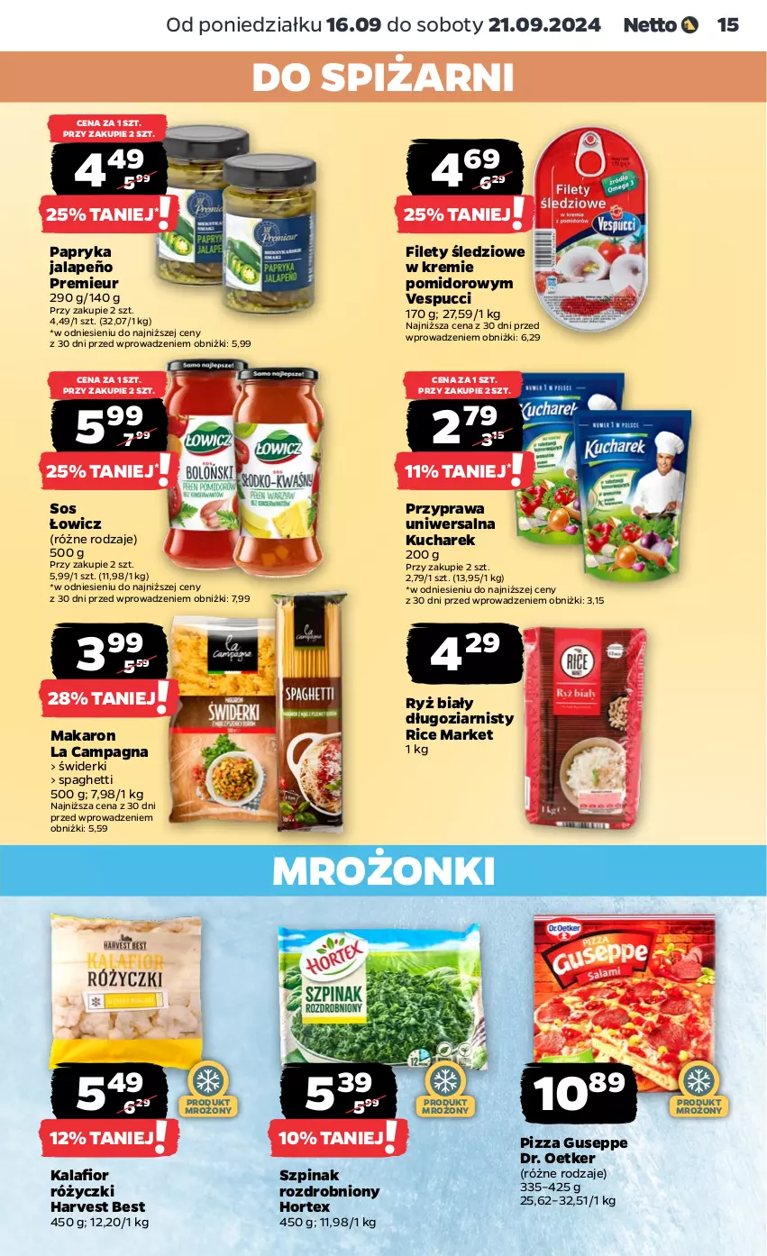 Gazetka promocyjna Netto - Netto Gazetka Food 38/24A - ważna 16.09 do 21.09.2024 - strona 15 - produkty: Dr. Oetker, Hortex, Kucharek, Makaron, Papryka, Papryka jalapeño, Pizza, Przyprawa uniwersalna, Ryż, Ryż biały, Sos, Spaghetti, Szpinak