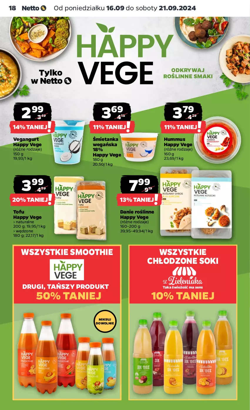 Gazetka promocyjna Netto - Netto Gazetka Food 38/24A - ważna 16.09 do 21.09.2024 - strona 18 - produkty: Hummus, Mus, Smoothie, Sok, Tofu, Vegangurt