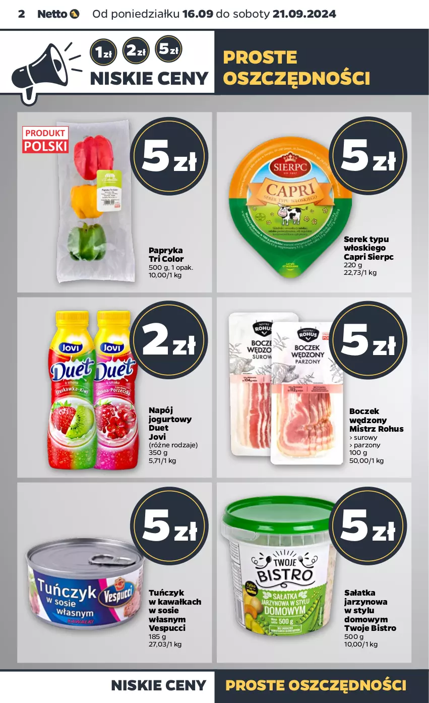 Gazetka promocyjna Netto - Netto Gazetka Food 38/24A - ważna 16.09 do 21.09.2024 - strona 2 - produkty: Boczek, Jogurt, Kawa, Napój, Napój jogurtowy, Papryka, Sałat, Sałatka, Ser, Serek, Sos, Tuńczyk