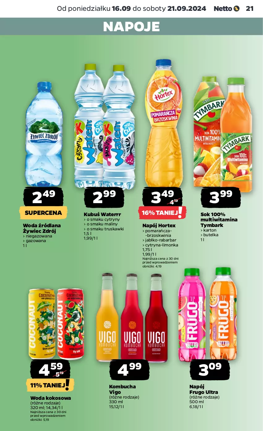 Gazetka promocyjna Netto - Netto Gazetka Food 38/24A - ważna 16.09 do 21.09.2024 - strona 21 - produkty: Cytryny, Hortex, Kokos, Kubuś, Kubuś Waterrr, LANA, Limonka, Maliny, Napój, Napoje, Sok, Truskawki, Tymbark, Woda