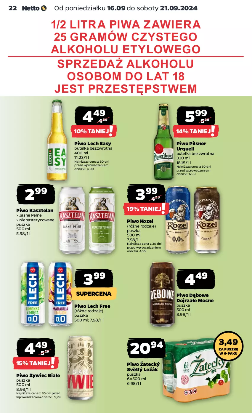 Gazetka promocyjna Netto - Netto Gazetka Food 38/24A - ważna 16.09 do 21.09.2024 - strona 22 - produkty: Gra, Kasztelan, Kozel, Pilsner Urquell, Piwa, Piwo