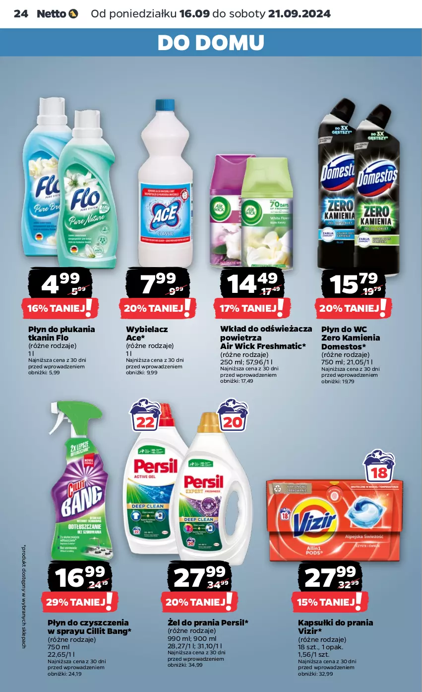 Gazetka promocyjna Netto - Netto Gazetka Food 38/24A - ważna 16.09 do 21.09.2024 - strona 24 - produkty: Air Wick, Cillit Bang, Domestos, Kapsułki do prania, Persil, Płyn do płukania, Płyn do wc, Vizir