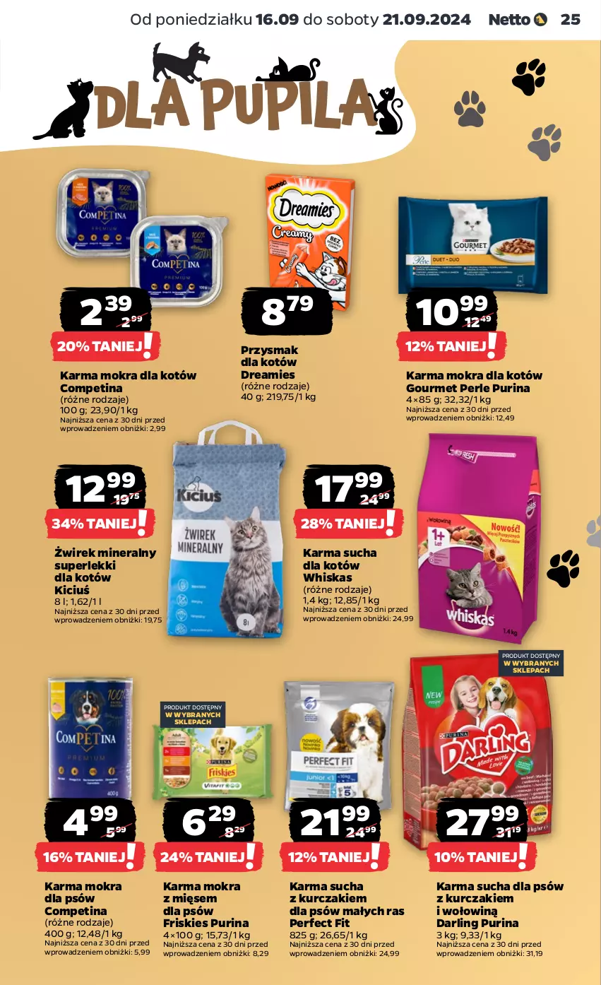 Gazetka promocyjna Netto - Netto Gazetka Food 38/24A - ważna 16.09 do 21.09.2024 - strona 25 - produkty: Friskies, Karma mokra dla kotów, Kurczak, Pur, Purina, Whiskas