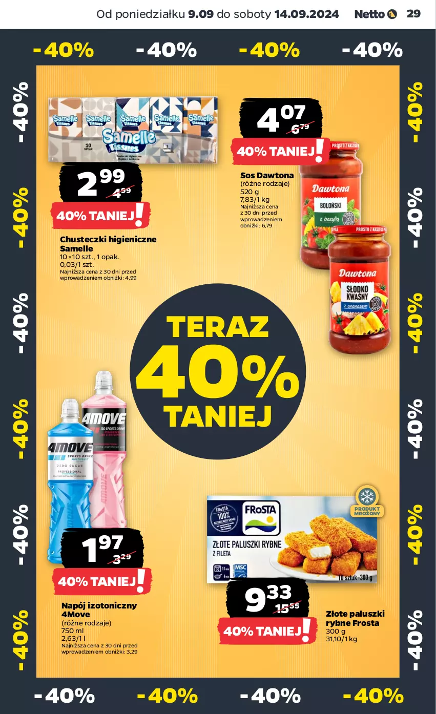 Gazetka promocyjna Netto - Netto Gazetka Food 38/24A - ważna 16.09 do 21.09.2024 - strona 29 - produkty: Chusteczki, Dawtona, Frosta, Napój, Napój izotoniczny, Paluszki rybne, Sos, Tera