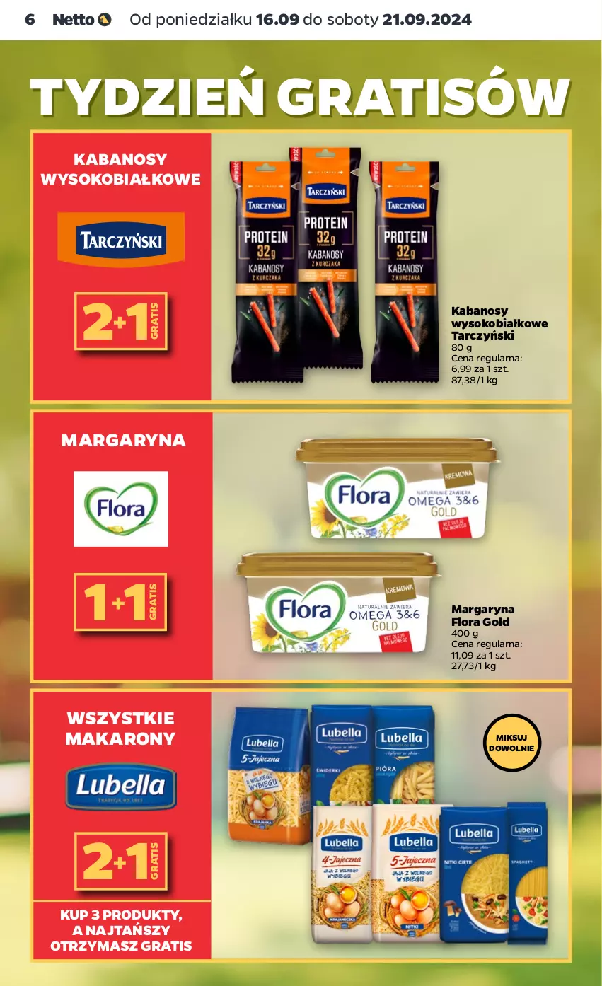 Gazetka promocyjna Netto - Netto Gazetka Food 38/24A - ważna 16.09 do 21.09.2024 - strona 6 - produkty: Flora, Gra, Kabanos, Makaron, Margaryna, Sok, Tarczyński