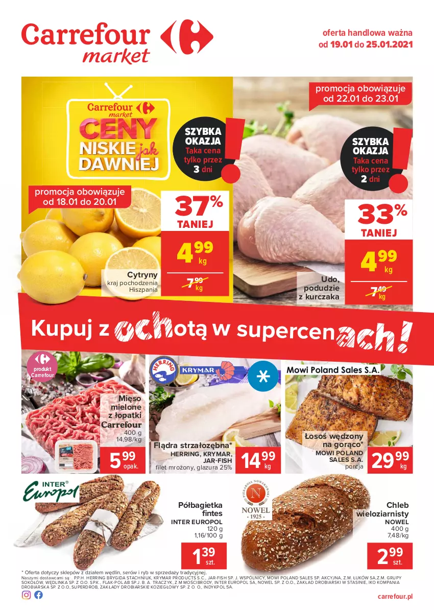 Gazetka promocyjna Carrefour - Gazetka Market - ważna 18.01 do 25.01.2021 - strona 1 - produkty: Bagietka, Chleb, Chleb wieloziarnisty, Cytryny, Glazura, Inka, Kurczak, Lazur, Mięso, Mięso mielone, Podudzie z kurczaka, Półbagietka, Por, Ser, Sok, Sokołów