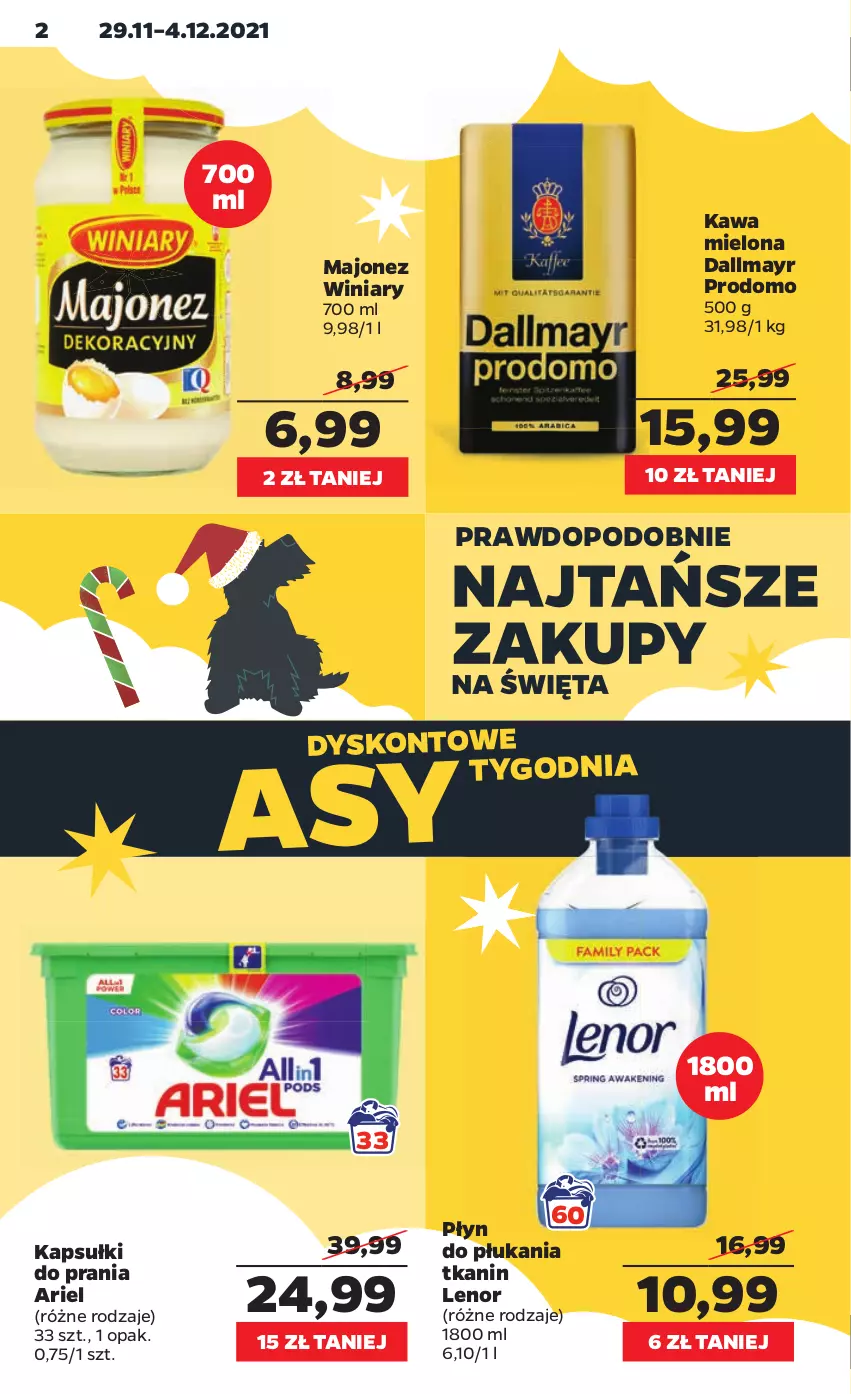 Gazetka promocyjna Netto - Gazetka spożywcza - ważna 29.11 do 04.12.2021 - strona 2 - produkty: Ariel, Dallmayr, Kapsułki do prania, Kawa, Kawa mielona, Lenor, Majonez, Płyn do płukania, Winiary