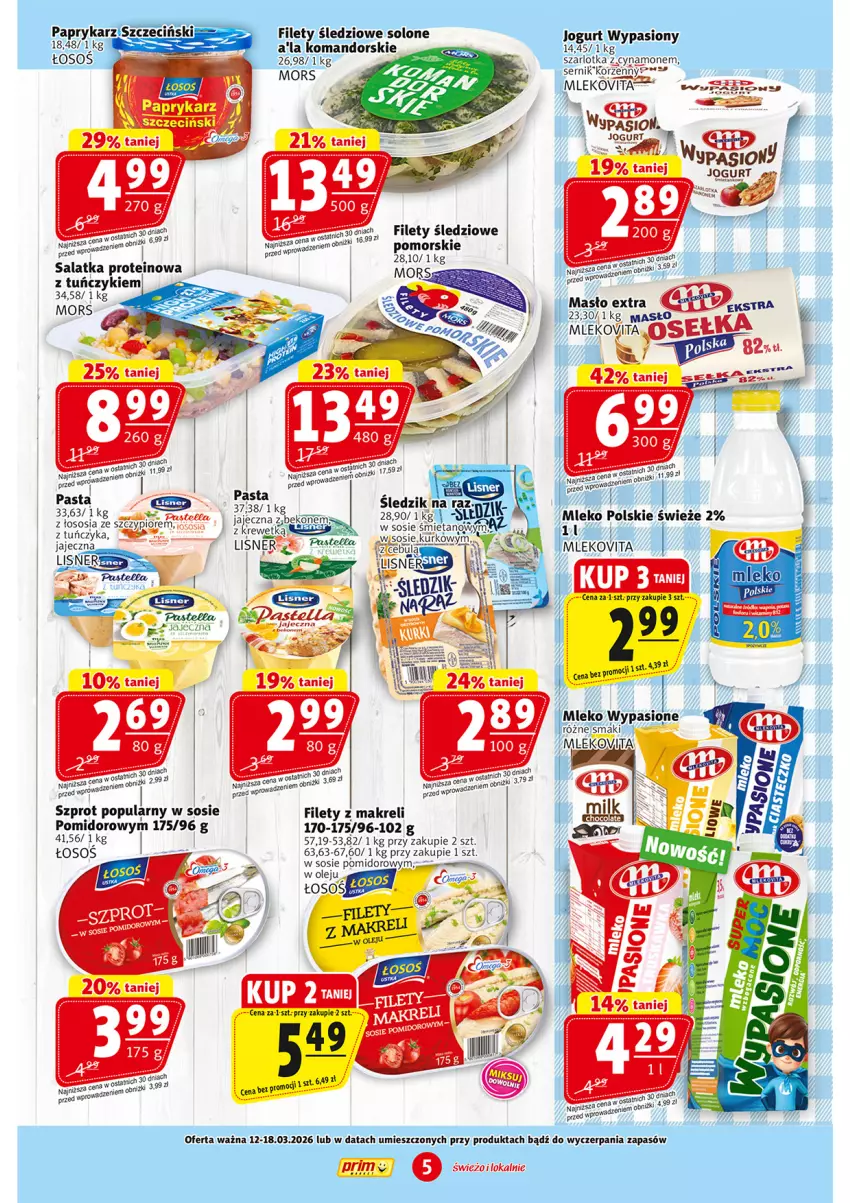 Gazetka promocyjna Prim Market - ważna 12.03 do 18.03.2026 - strona 5 - produkty: Beko, Jogurt, Lisner, Masło, Mleko, Mlekovita, Olej, Papryka, Paprykarz, Ser, Sos, Szarlotka, Szprot, Tuńczyk