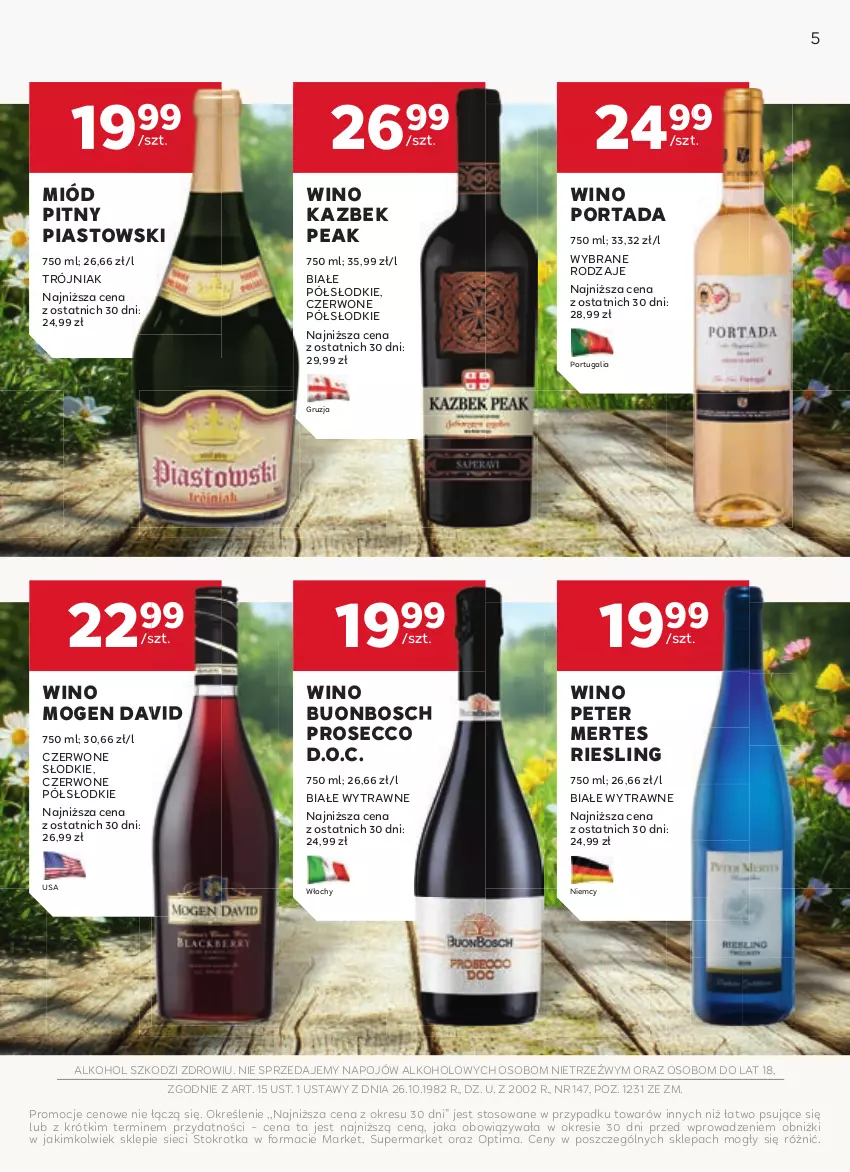 Gazetka promocyjna Stokrotka - W dobrym smaku - Market - ważna 22.05 do 16.06.2025 - strona 5 - produkty: Bosch, Miód, Miód pitny, Mogen David, Optima, Piast, Por, Portada, Prosecco, Wino