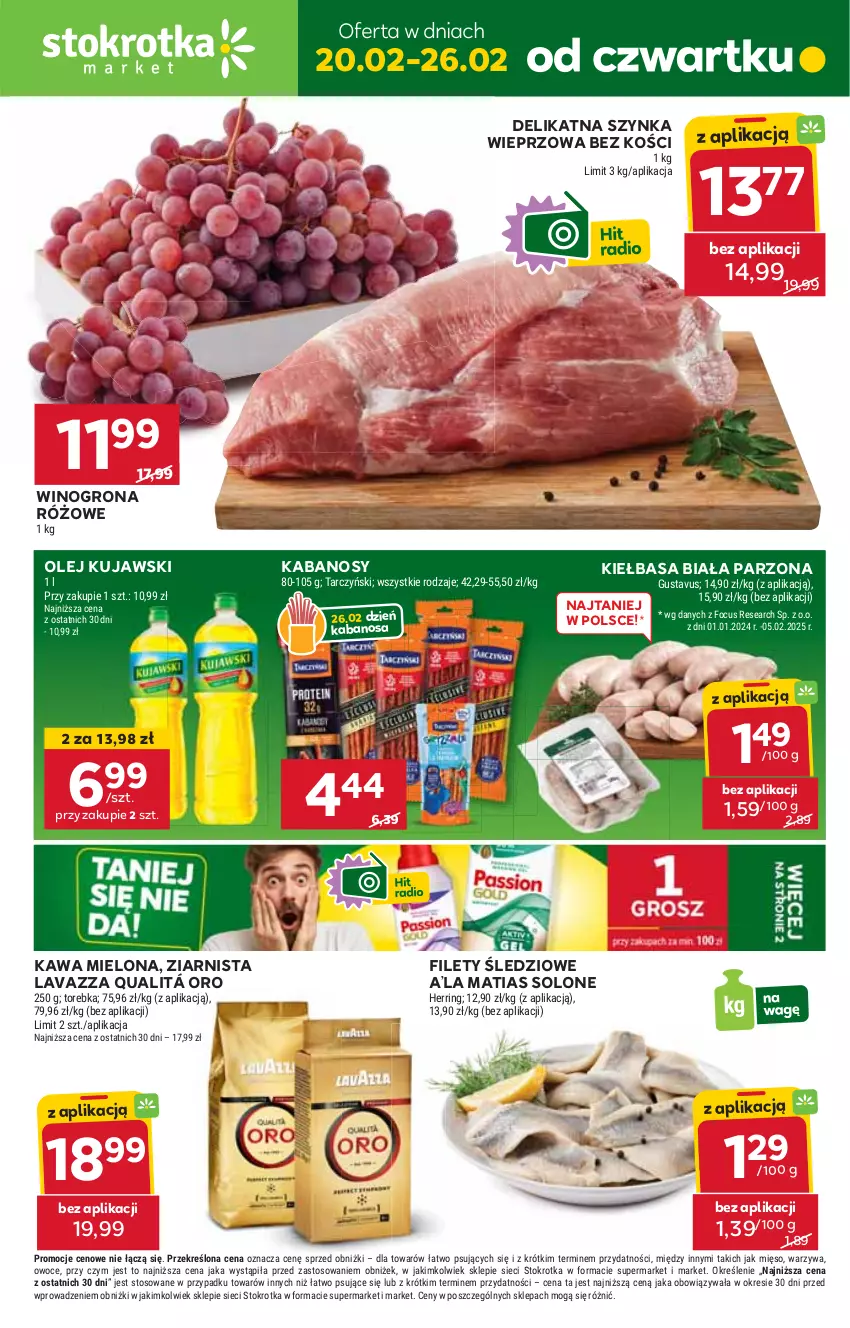 Gazetka promocyjna Stokrotka - Market Opole/Radom - ważna 20.02 do 26.02.2025 - strona 1 - produkty: HP, Kabanos, Kawa, Kawa mielona, Kiełbasa, Kiełbasa biała, Kujawski, Lavazza, Olej, Szynka, Szynka wieprzowa, Wino, Winogrona