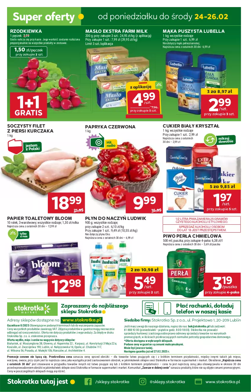 Gazetka promocyjna Stokrotka - Market Opole/Radom - ważna 20.02 do 26.02.2025 - strona 24 - produkty: Bell, Bella, Cukier, Dres, Fa, Farm Milk, Filet z piersi kurczaka, Gra, HP, JBL, Kurczak, Lubella, Ludwik, Mąka, Masło, Papier, Papier toaletowy, Papryka, Papryka czerwona, Perła, Piwa, Piwo, Rzodkiewka, Telefon