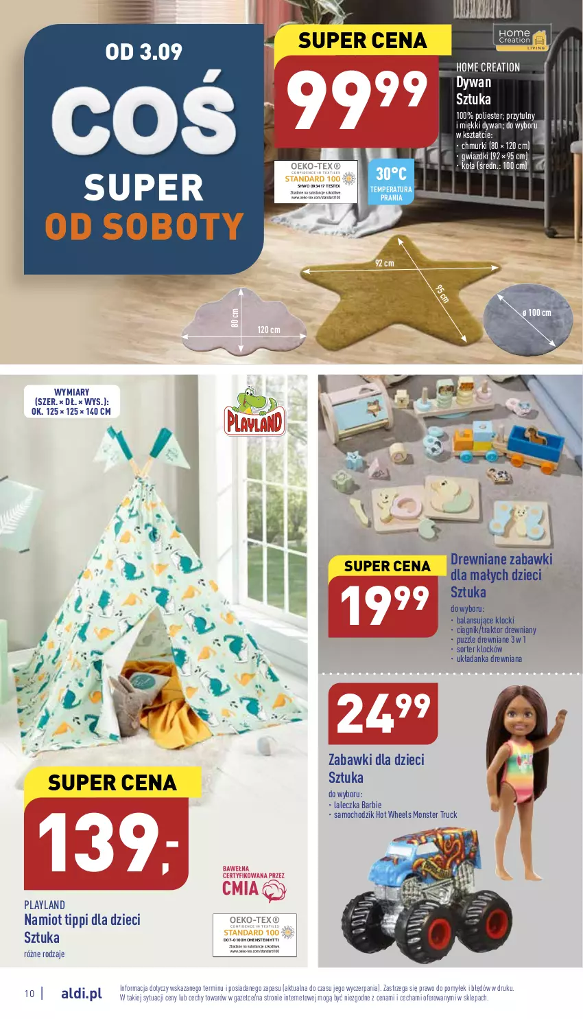 Gazetka promocyjna Aldi - Zaplanuj zakupy wcześniej - ważna 31.08 do 03.09.2022 - strona 10 - produkty: Barbie, Chodzik, Dywan, Dzieci, Hot Wheels, Klocki, Monster truck, Namiot, Puzzle, Traktor, Układanka