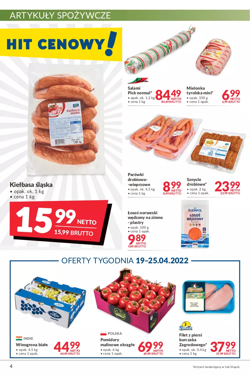 Gazetka promocyjna Makro - [Oferta promocyjna] Artykuły spożywcze i przemysłowe - ważna 19.04 do 02.05.2022 - strona 4 - produkty: Artykuły spożywcze, Filet z piersi kurczaka, Kiełbasa, Kiełbasa śląska, Kurczak, Mielonka tyrolska, Parówki, Pomidory, Salami, Wino, Winogrona