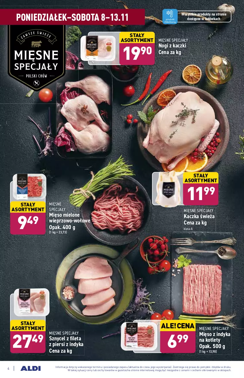 Gazetka promocyjna Aldi - ważna 08.11 do 13.11.2021 - strona 4 - produkty: Kaczka, Kotlet, Lodówka, Mięsne specjały, Mięso, Mięso mielone, Mięso z indyka