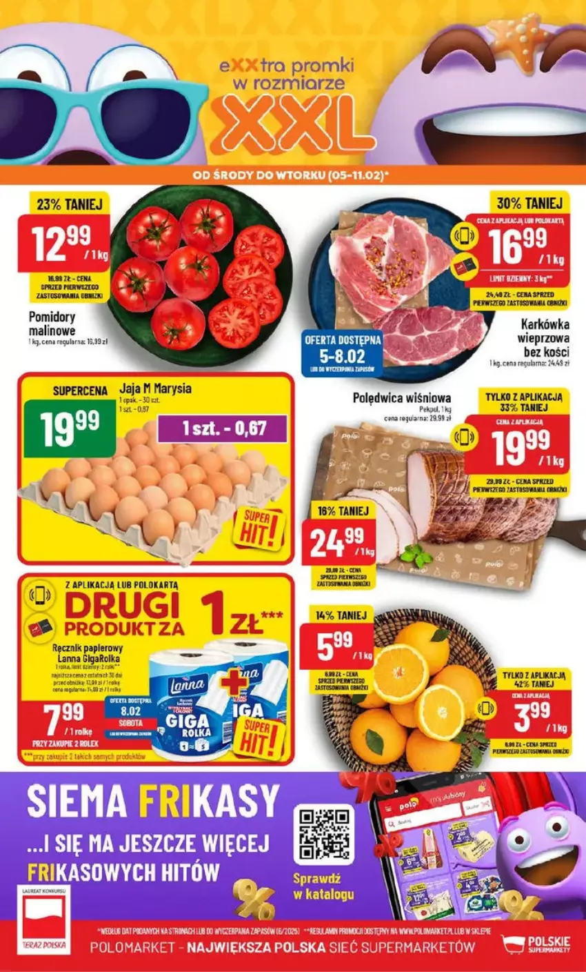 Gazetka promocyjna PoloMarket - ważna 05.02 do 11.02.2025 - strona 1 - produkty: Jaja, LG, Polędwica, Pomidory, Ręcznik, Taft