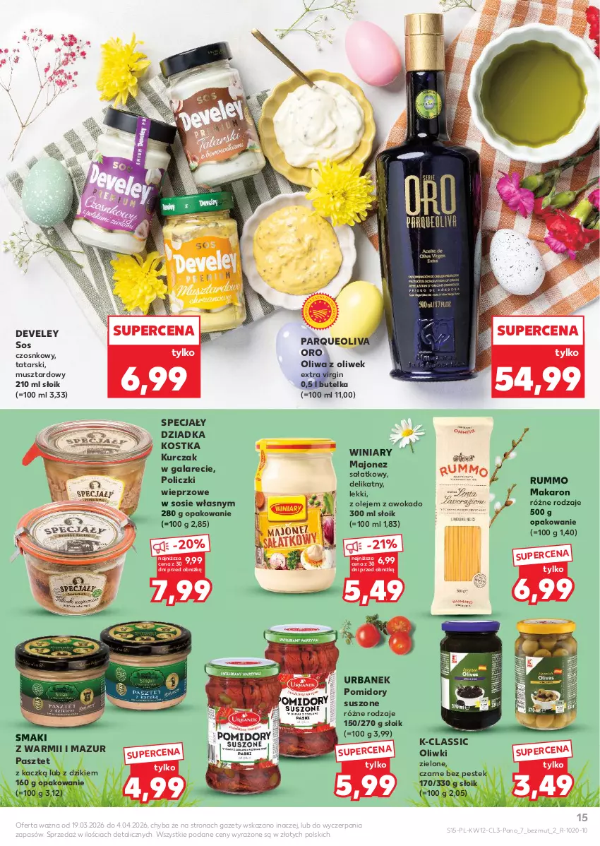 Gazetka promocyjna Kaufland - Kaufland - ważna 19.03 do 04.04.2026 - strona 15 - produkty: Gala, Gin, Kurczak, Majonez, Majonez sałatkowy, Makaron, Mus, Olej, Oliwa, Oliwa z oliwek, Oliwki, Oliwki zielone, Pasztet, Pomidory, Rum, Sałat, Sos, Sos czosnkowy, Stek, Winiary