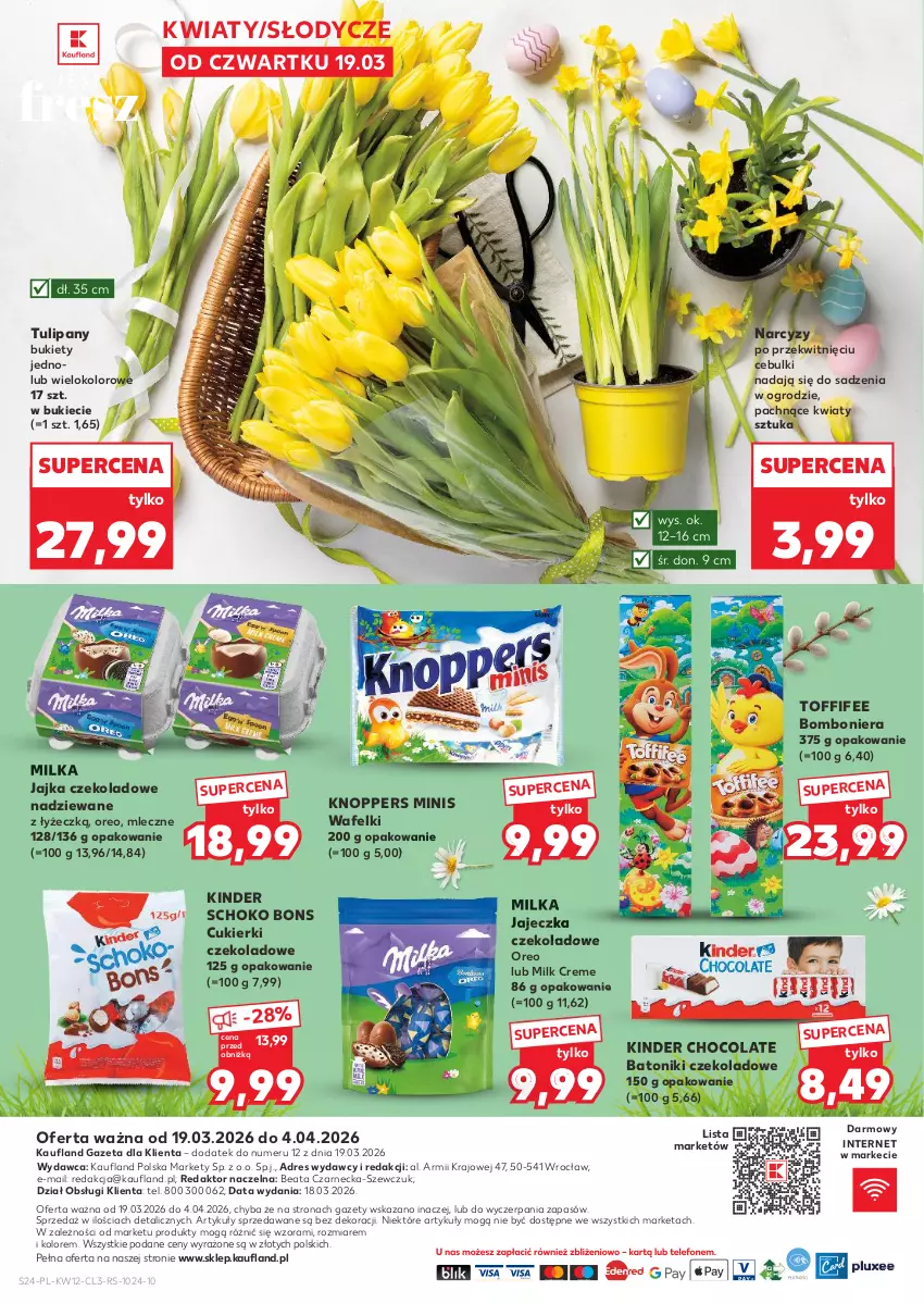 Gazetka promocyjna Kaufland - Kaufland - ważna 19.03 do 04.04.2026 - strona 24 - produkty: Baton, Bomboniera, Bukiet, Cukier, Cukierki, Cukierki czekoladowe, Dres, Kinder, Knoppers, Milka, Narcyz, Oreo, Toffifee, Tonik, Tulipan
