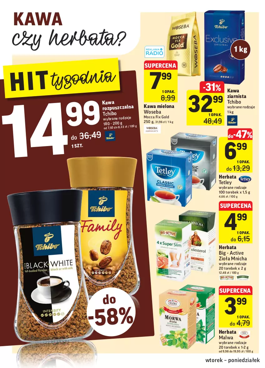 Gazetka promocyjna Intermarche - Gazetka promocyjna - ważna 01.02 do 07.02.2022 - strona 24 - produkty: Herbata, Kawa, Kawa mielona, Kawa rozpuszczalna, Kawa ziarnista, Mocca Fix Gold, Tchibo, Tetley, Woseba