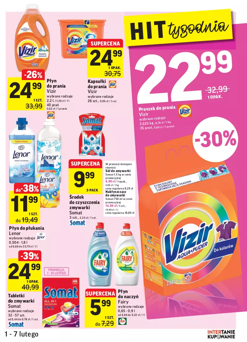 Gazetka promocyjna Intermarche - Gazetka promocyjna - ważna 01.02 do 07.02.2022 - strona 33 - produkty: Fa, Fairy, Kapsułki do prania, Lenor, Płyn do płukania, Płyn do prania, Proszek do prania, Sól, Somat, Tablet, Tabletki do zmywarki, Vizir, Zmywarki