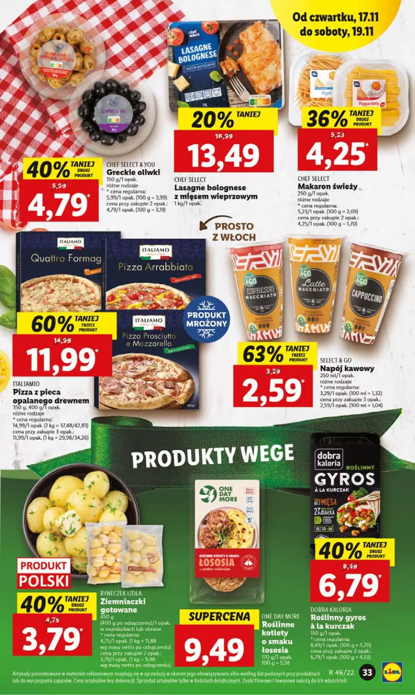 Gazetka promocyjna Lidl - GAZETKA - ważna 17.11 do 19.11.2022 - strona 33 - produkty: Fa, Gyros, Kurczak, Lasagne, Lasagne bolognese, Makaron, Napój, Oliwki, Piec, Pizza, Roślinny gyros, Sos