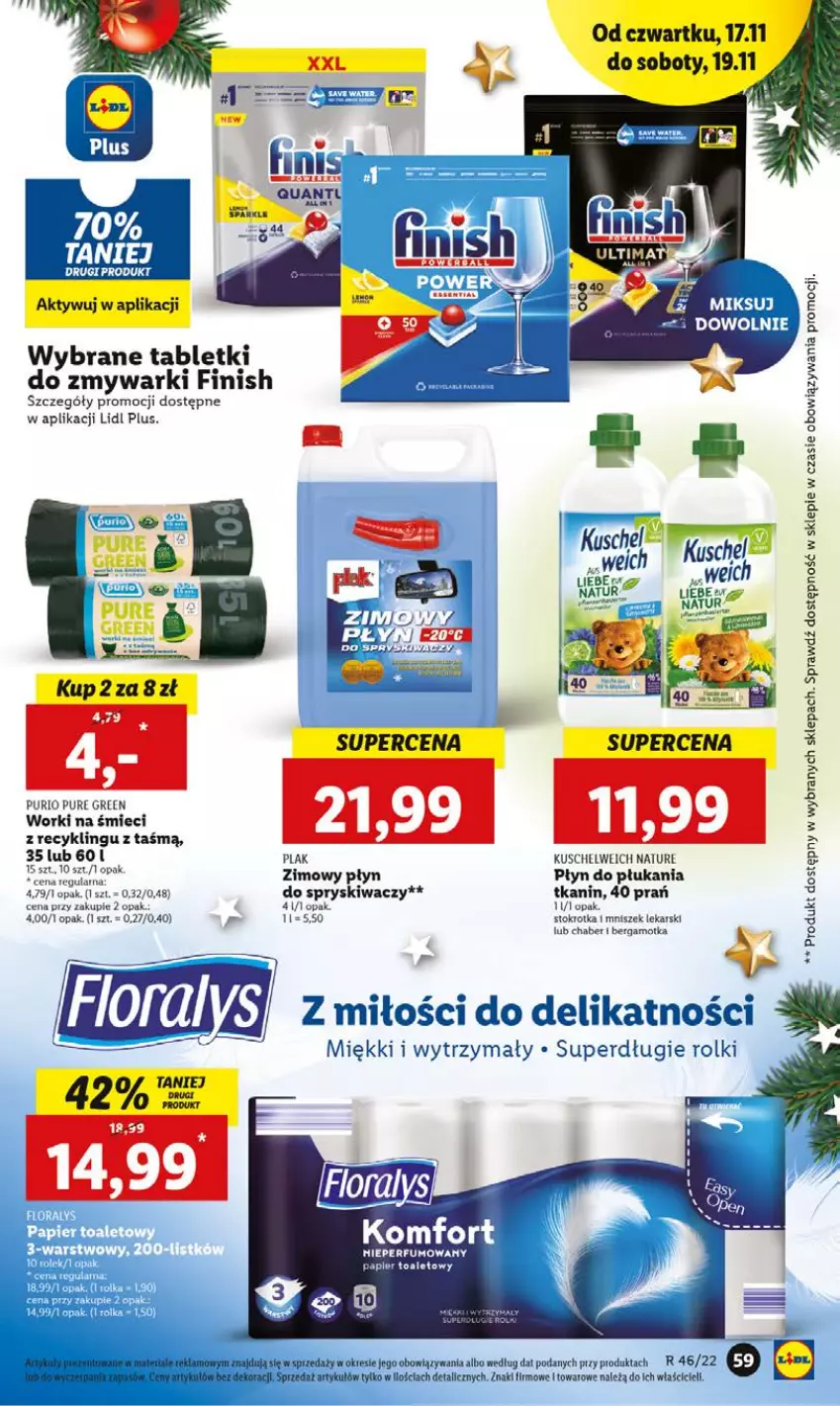 Gazetka promocyjna Lidl - GAZETKA - ważna 17.11 do 19.11.2022 - strona 59 - produkty: Finish, Papier, Papier toaletowy, Perfum, Płyn do płukania, Pur, Rolki, Tablet, Tabletki do zmywarki, Worki na śmiec, Worki na śmieci, Zmywarki