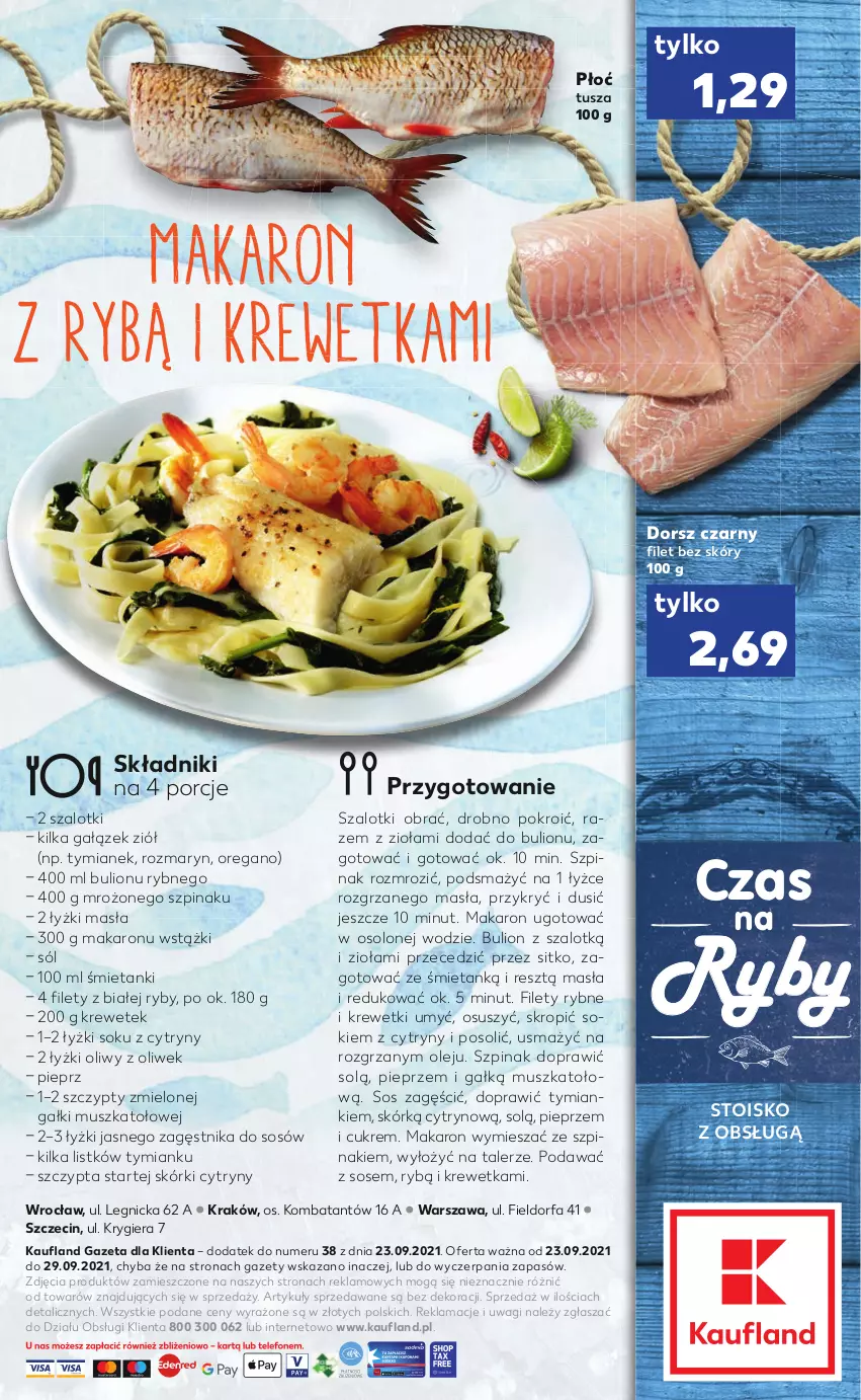 Gazetka promocyjna Kaufland - RYBY - ważna 23.09 do 29.09.2021 - strona 2 - produkty: Bulion, Cytryny, Dorsz, Fa, Krewetki, Lion, Makaron, Mus, Olej, Pieprz, Por, Sitko, Sok, Sól, Sos, Szal, Szpinak, Talerz, Tusz, Wagi