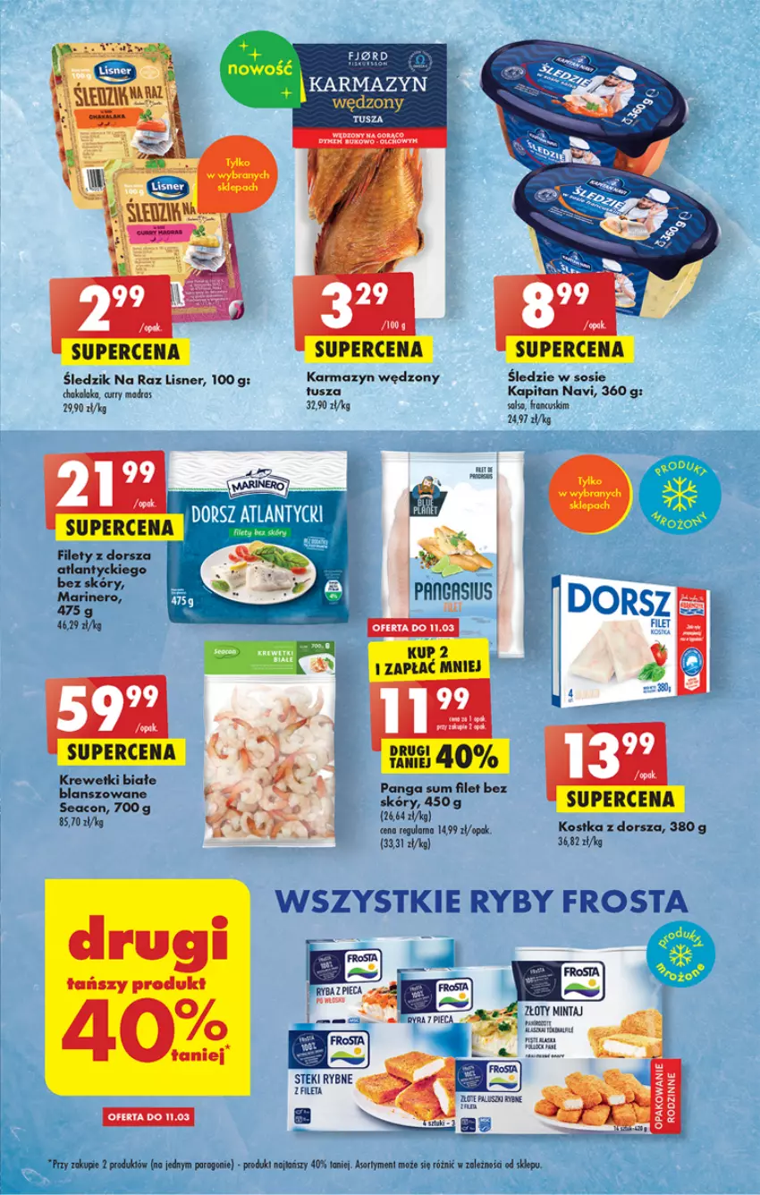 Gazetka promocyjna Biedronka - ważna 09.03 do 15.03.2023 - strona 25 - produkty: Dorsz, Frosta, Karmazyn wędzony, Krewetki, Lisner, Mintaj, Panga, Sos, Stek, Tusz