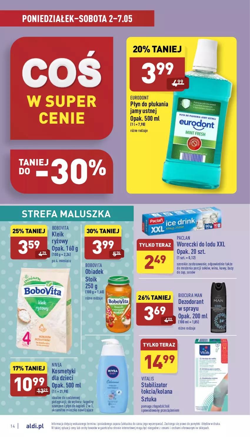 Gazetka promocyjna Aldi - Katalog spożywczy - ważna 02.05 do 07.05.2022 - strona 14 - produkty: Aksam, BoboVita, Dezodorant, Dzieci, Fa, Kosmetyki dla dzieci, LANA, Mleczko, Nivea, Płyn do kąpieli, Płyn do płukania, Płyn do płukania jamy ustnej, Por, Ryż, Sok, Sos, Szampon, Tera, Woreczki do lodu