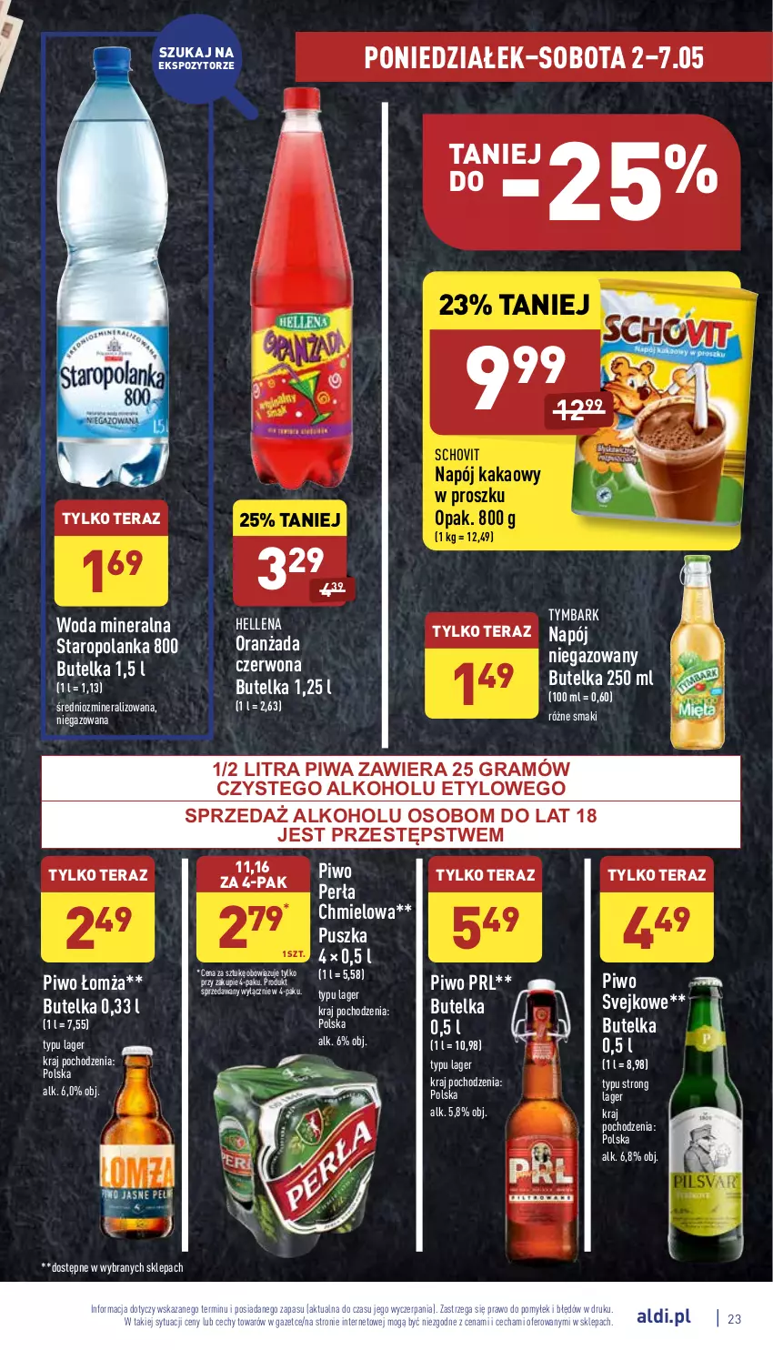 Gazetka promocyjna Aldi - Katalog spożywczy - ważna 02.05 do 07.05.2022 - strona 23 - produkty: Gra, Hellena, Kakao, Napój, Napój niegazowany, Oranżada, Perła, Piwa, Piwo, Staropolanka, Tera, Tymbark, Woda, Woda mineralna