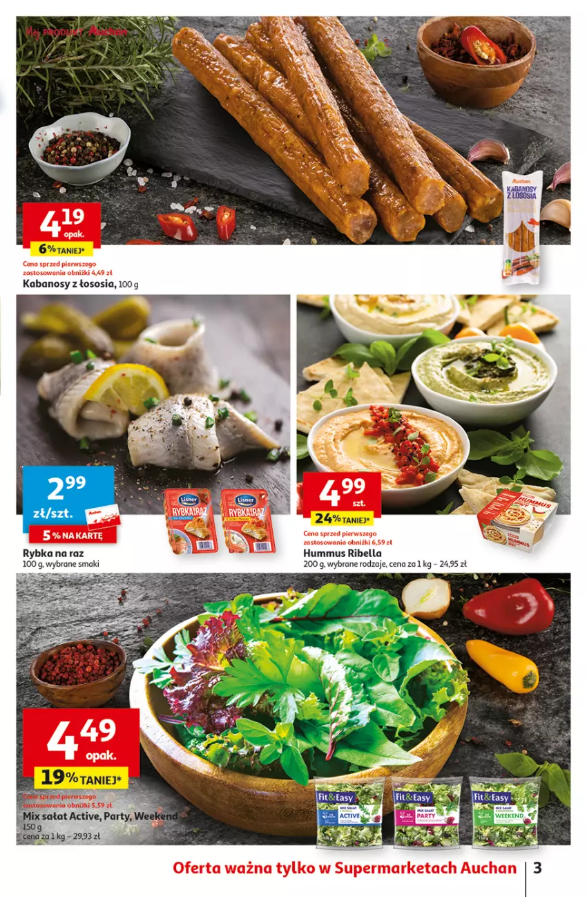 Gazetka promocyjna Auchan - Gazetka TANIE zakupy Supermarket Auchan - ważna 24.08 do 30.08.2023 - strona 3 - produkty: Bell, Bella, Hummus, Kabanos, Mus, Rybka na raz, Sałat, Sos