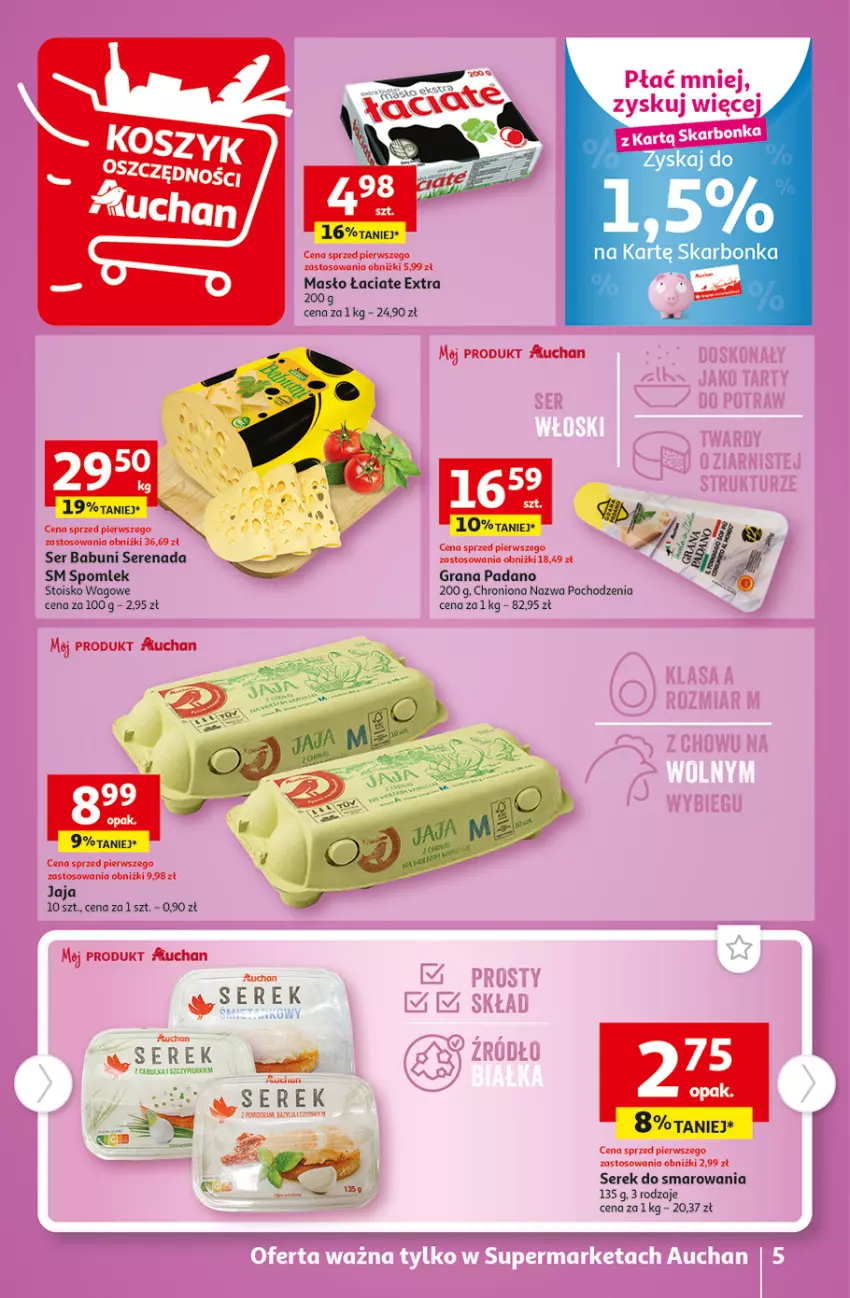 Gazetka promocyjna Auchan - Gazetka TANIE zakupy Supermarket Auchan - ważna 24.08 do 30.08.2023 - strona 5 - produkty: Babuni, Gra, Jaja, Masło, Ser, Serek