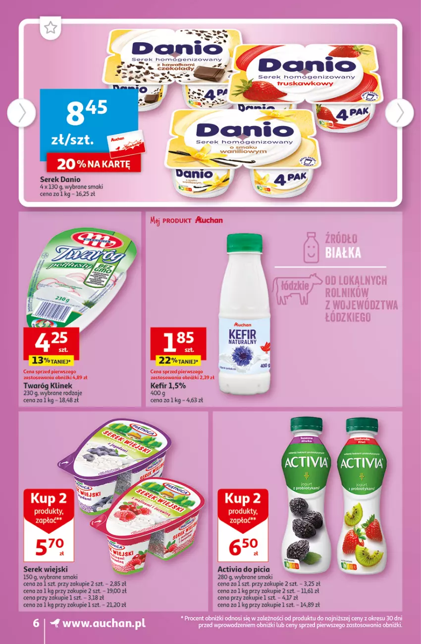 Gazetka promocyjna Auchan - Gazetka TANIE zakupy Supermarket Auchan - ważna 24.08 do 30.08.2023 - strona 6 - produkty: Activia, Danio, Kefir, Ser, Serek, Serek wiejski, Twaróg