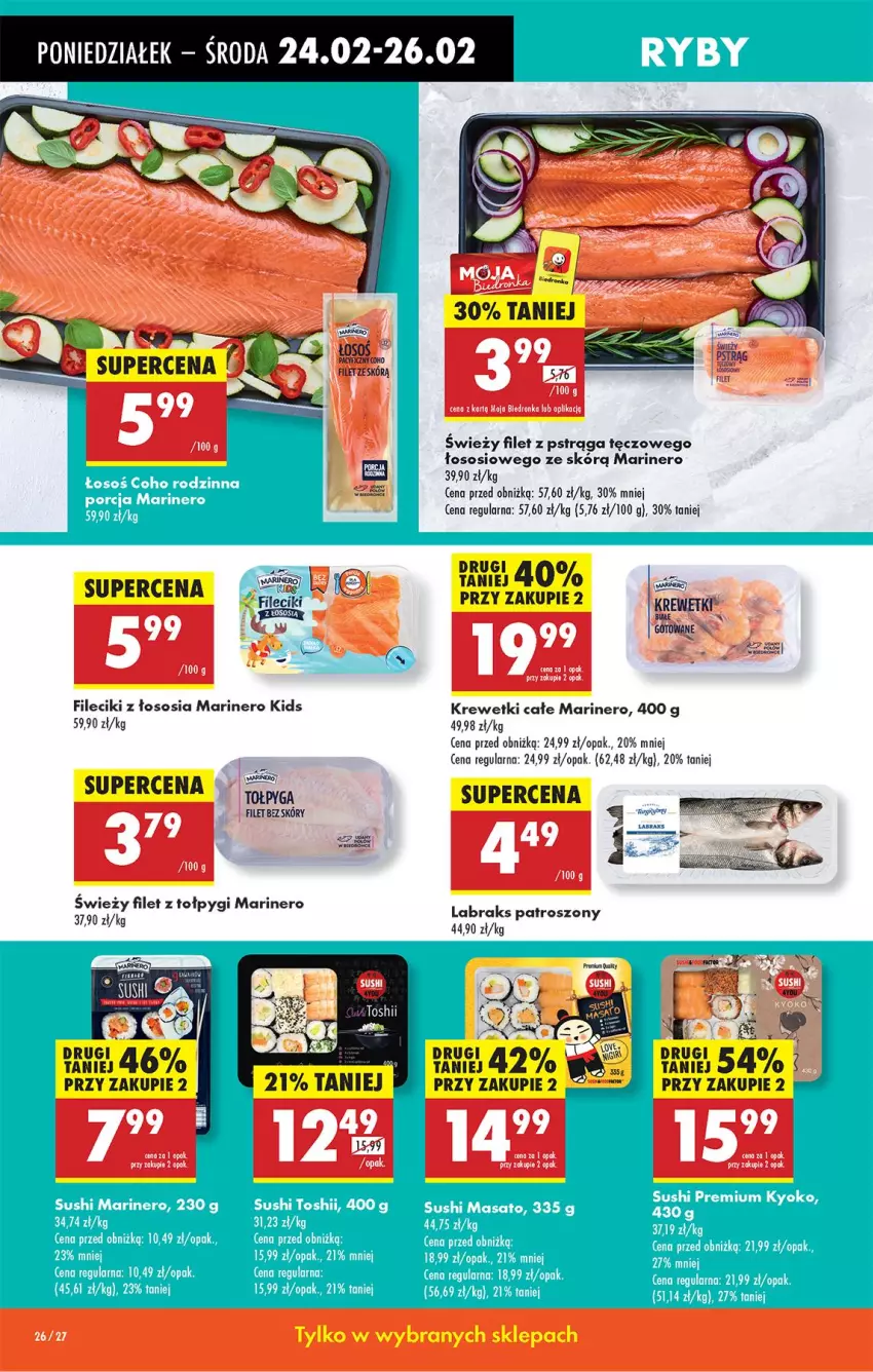 Gazetka promocyjna Biedronka - Od Poniedziałku - ważna 24.02 do 01.03.2025 - strona 38 - produkty: Filet z pstrąga, Krewetki, Pstrąg, Sos, Sushi, Szal