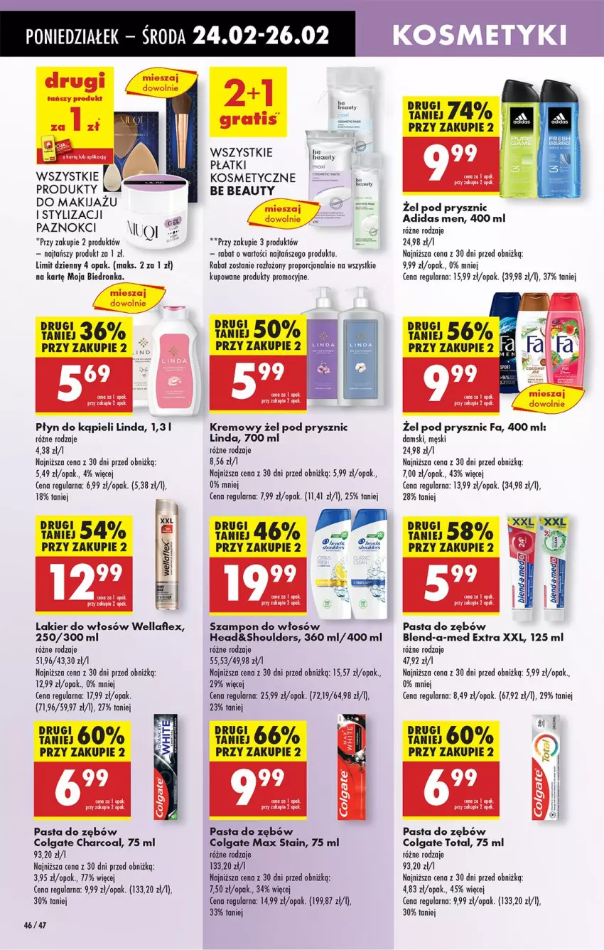 Gazetka promocyjna Biedronka - Od Poniedziałku - ważna 24.02 do 01.03.2025 - strona 62 - produkty: Adidas, Be Be, BIC, Blend-a-Med, Colgate, Colgate Total, Fa, Lakier, Lakier do włosów, LG, Makijaż, Nuty, Pasta do zębów, Płyn do kąpieli, Por, Szampon, Wella, Wellaflex