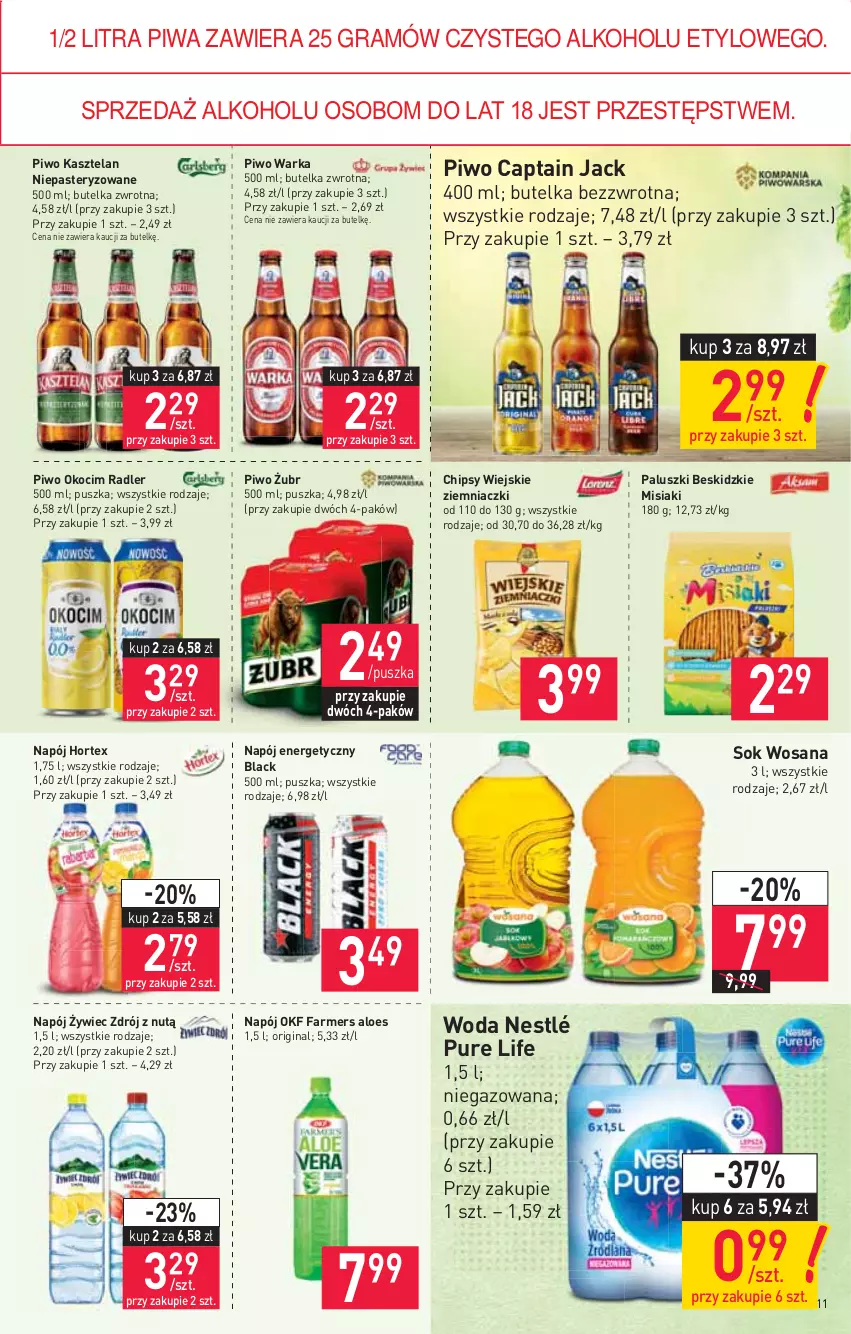 Gazetka promocyjna Stokrotka - Supermarket - ważna 08.07 do 14.07.2021 - strona 11 - produkty: Beskidzki, Captain Jack, Chipsy, Fa, Farmers Aloes, Gin, Gra, Hortex, Kasztelan, Koc, Lack, Napój, Napój energetyczny, Nestlé, Okocim, Piwa, Piwo, Pur, Radler, Sok, Warka, Woda, Wosana