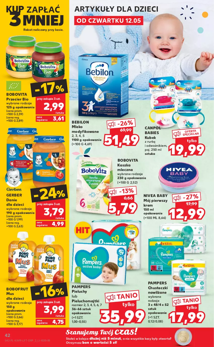 Gazetka promocyjna Kaufland - OFERTA TYGODNIA - ważna 12.05 do 18.05.2022 - strona 42 - produkty: BEBILON, Bobofrut, BoboVita, Canpol, Chusteczki, Danie dla dzieci, Dzieci, Gerber, Kubek, Majtki, Mleko, Mleko modyfikowane, Mus, Nivea, Nivea Baby, Olej, Pampers, Pieluchomajtki, Pieluchy