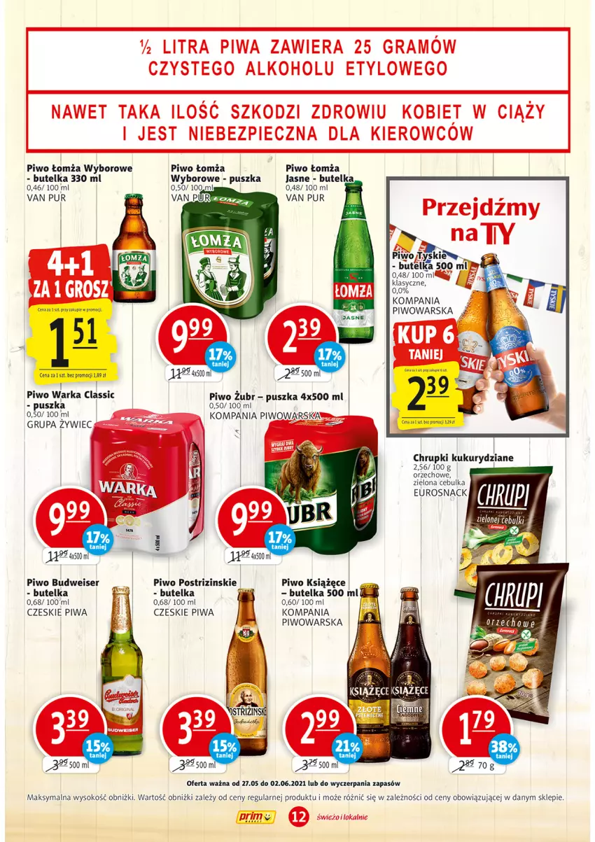 Gazetka promocyjna Prim Market - Gazetka - ważna 27.05 do 02.06.2021 - strona 12 - produkty: Chrupki, Książęce, Piwa, Piwo, Pur, Ser, Sok, Warka