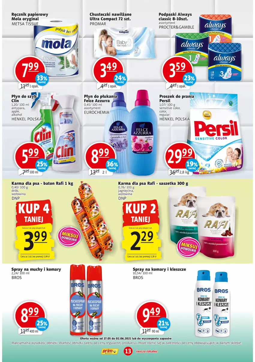 Gazetka promocyjna Prim Market - Gazetka - ważna 27.05 do 02.06.2021 - strona 13 - produkty: Always, Baton, Chusteczki, Clin, Drób, Gin, Mola, Papier, Persil, Podpaski, Proszek do prania, Ręcznik, Sok, Wołowina