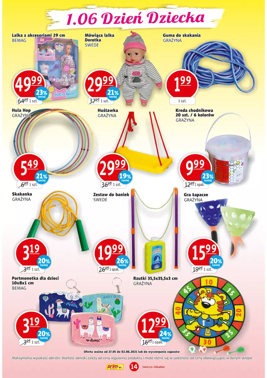 Gazetka promocyjna Prim Market - Gazetka - ważna 27.05 do 02.06.2021 - strona 14 - produkty: Chodnik, Dzieci, Gra, Huśtawka, Lalka, Por, Portmonetka