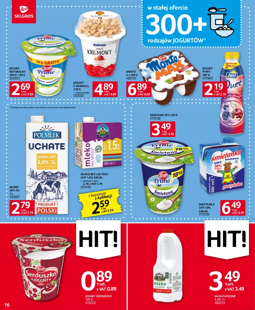 Gazetka promocyjna Selgros - Oferta spożywcza - ważna 18.05 do 31.05.2023 - strona 16 - produkty: Gra, Jogurt, Jogurt naturalny, Jogurt pitny, Mleko, Mleko bez laktozy, Monte, Ser