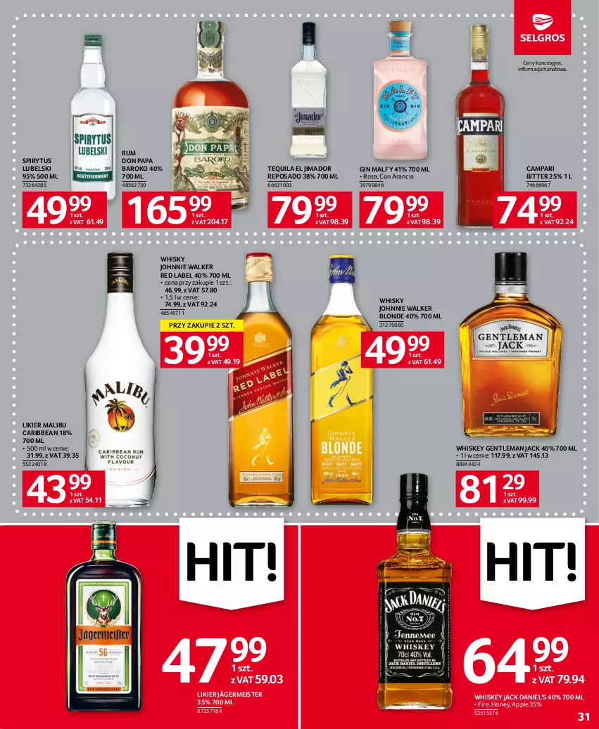 Gazetka promocyjna Selgros - Oferta spożywcza - ważna 18.05 do 31.05.2023 - strona 31 - produkty: Gin, Johnnie Walker, Likier, Malibu, Rum, Tequila, Whiskey, Whisky