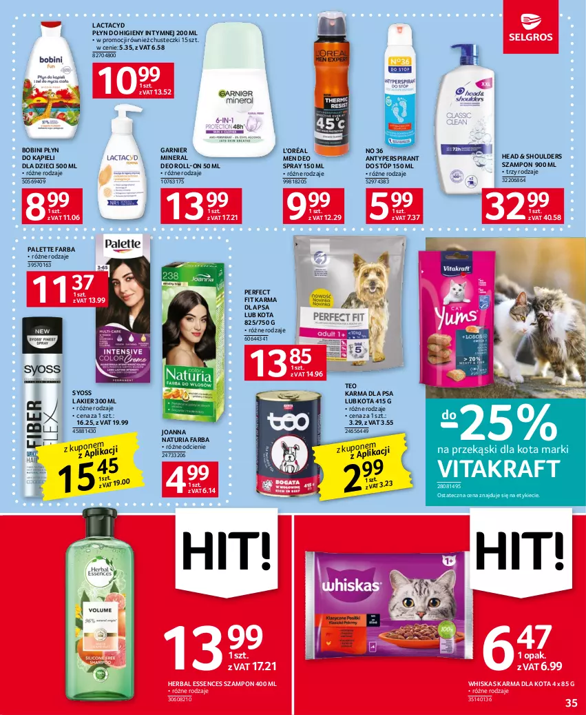 Gazetka promocyjna Selgros - Oferta spożywcza - ważna 18.05 do 31.05.2023 - strona 35 - produkty: Antyperspirant, Antyperspirant do stóp, Chusteczki, Dzieci, Fa, Garnier, Joanna, L’Oréal, Lactacyd, Lakier, Palette, Płyn do higieny intymnej, Płyn do kąpieli, Przekąski dla kota, Syoss, Szampon, Vitakraft, Whiskas