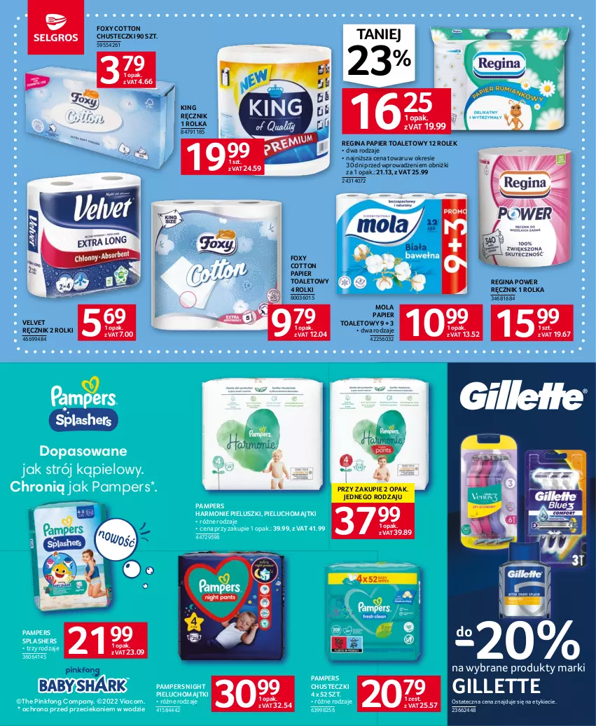 Gazetka promocyjna Selgros - Oferta spożywcza - ważna 18.05 do 31.05.2023 - strona 36 - produkty: Chusteczki, Foxy, Gillette, Gin, Majtki, Mola, Pampers, Papier, Papier toaletowy, Pieluchomajtki, Ręcznik, Rolki, Strój kąpielowy, Velvet